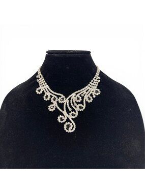 Vintage Rhinestone Crystal Floral Necklace Elegant Statement Jewelry Silver
